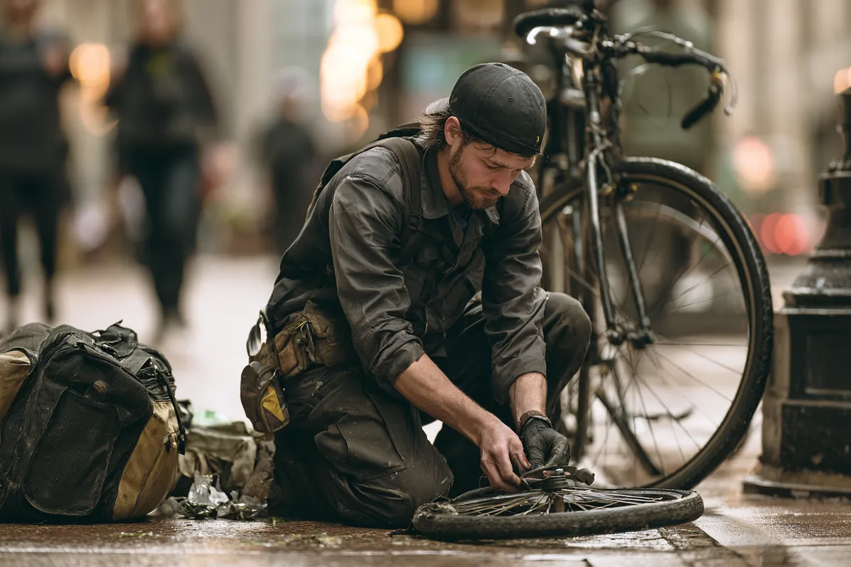 Bike courier fixing a flat on the sidewalk — the classic small, urgent expense behind a $1,000 loan