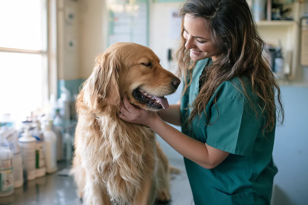 Veterinary technician calming a golden retriever — surgical estimates around $2,500 rarely wait for savings