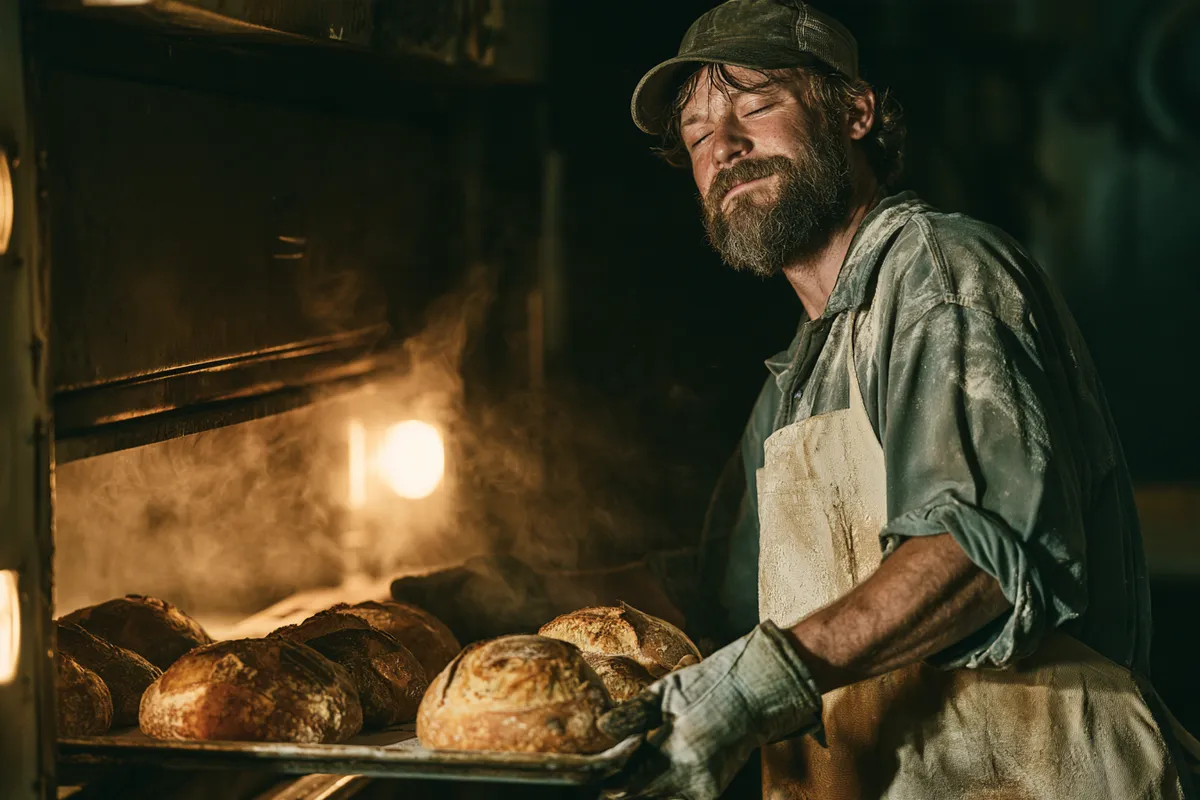 Baker pulling loaves from the oven before dawn — heavy work, like heavy borrowing, done deliberately