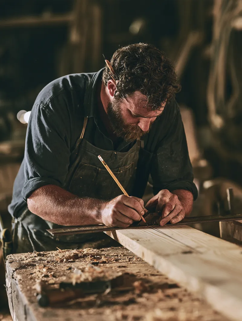 Carpenter marking a cut line — tradespeople with steady but uneven income are frequent personal loan borrowers