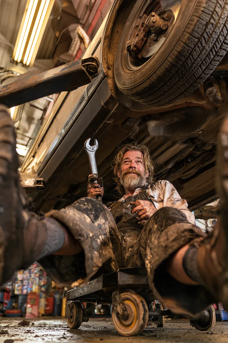 Mechanic sliding out from under a lifted sedan — major car repairs are the most common use of a $2,000 loan