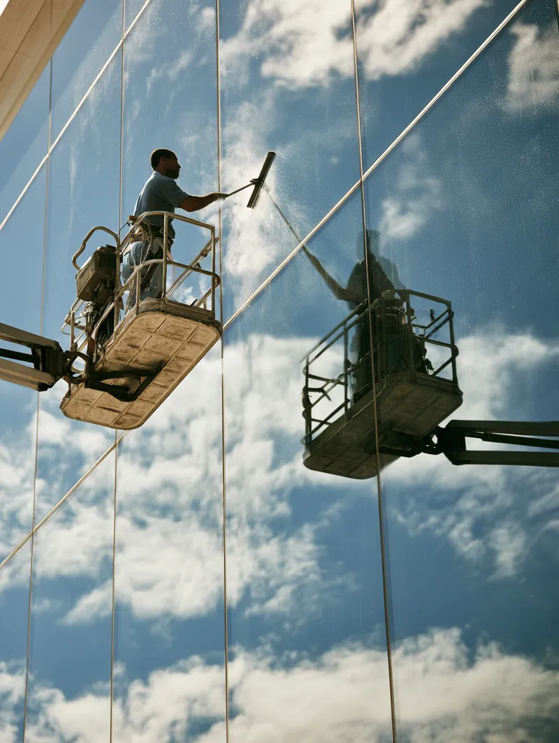 Window washer on a lift against a glass facade — heavy jobs need proper equipment, heavy expenses need honest framing