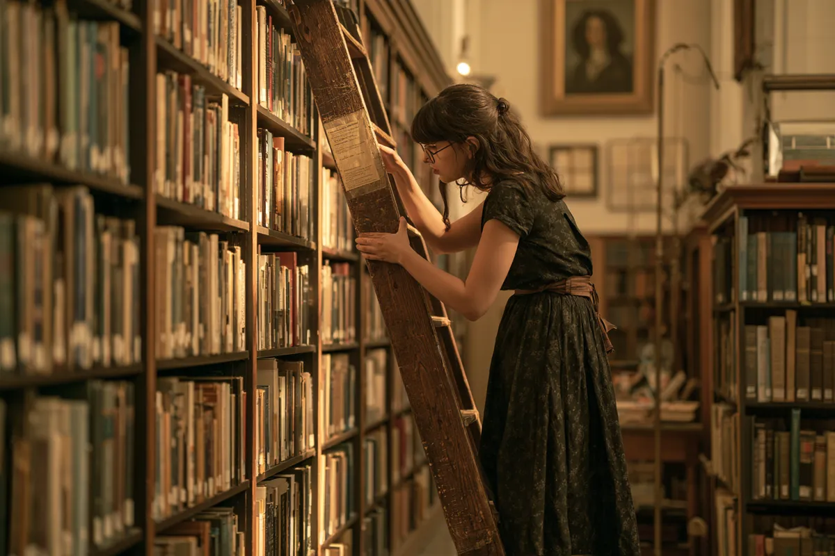 Librarian shelving books in a reading room — the reference shelf for loan language