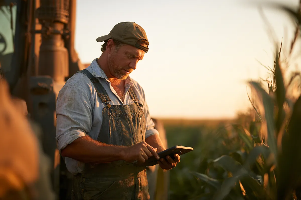 Farmer checking market prices on a tablet at the field edge — knowing the going rate before you commit